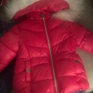 Michael Kors Bright Pink Puffer Jacket with Faux Fur Hood